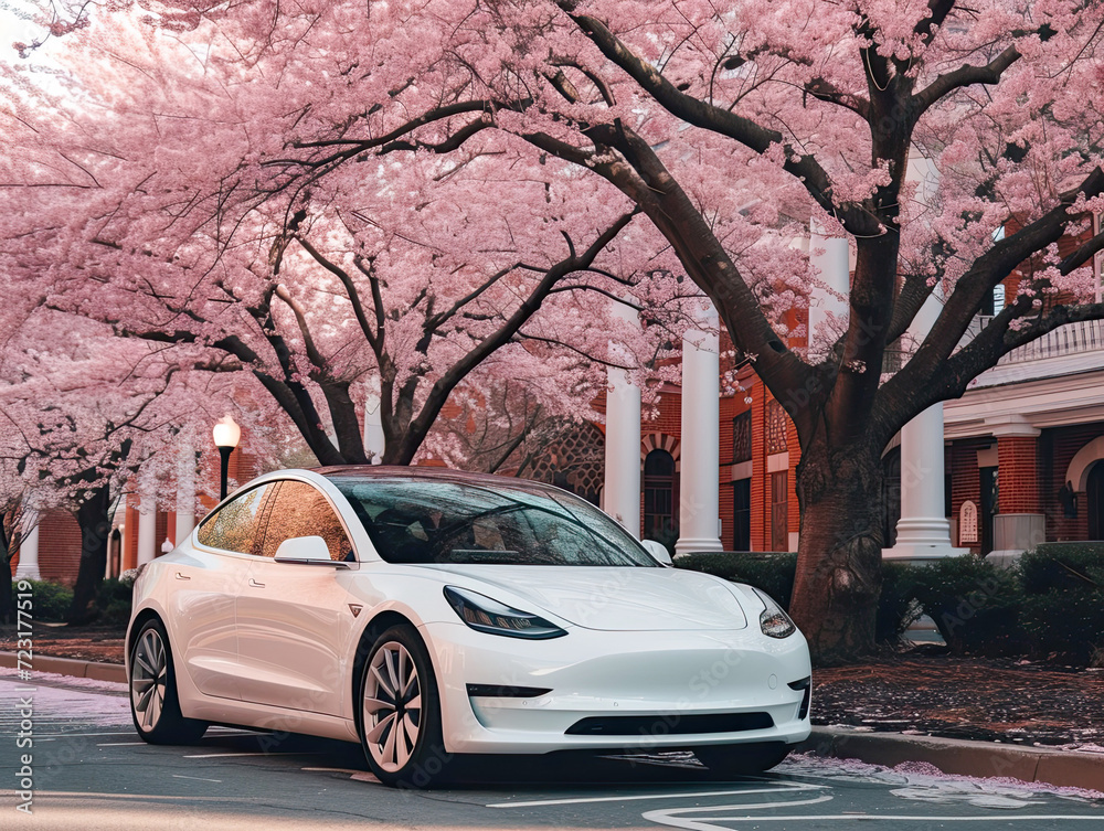 car parked under a beautiful cherry blossom tree during spring.Generative AI