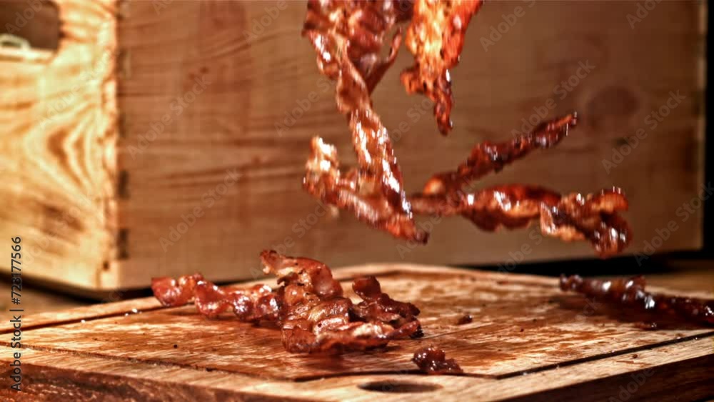 Roasted slices of bacon fall on a wooden table. Filmed on a high-speed camera at 1000 fps. High quality FullHD footage