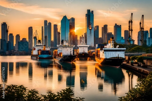 A bustling waterfront port at sunrise, cargo ships unloading against a backdrop of modern skyscrapers and lush greenery, reflections of the city lights dancing on the calm water photo