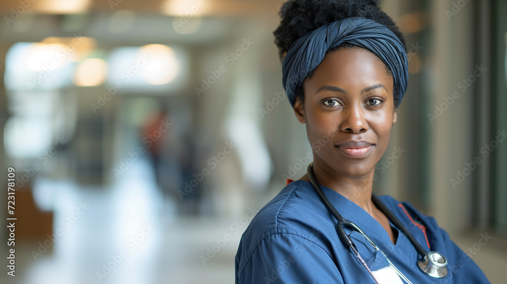 Professional african american nurse in scrubs, providing compassionate care, in a modern hospital setting Professional african american nurse in scrubs, providing compassionate care, in a modern hospital setting