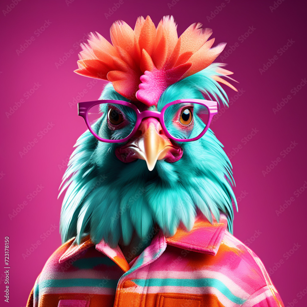 A funny rooster with turquoise and mint feathers in a colorful shirt and glasses, on a bright crimson background. design for printing t-shirts, mugs, covers, etc.