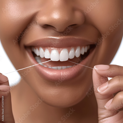 Person flossing their teeth isolated on white background, hyperrealism, png 