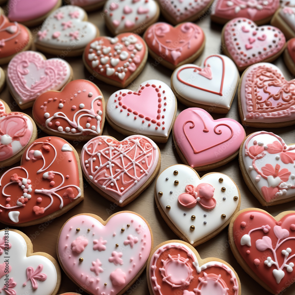 Pink, red, and white Valentine's Day heart shaped cookies with frosting and sprinkles 