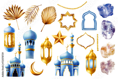 Watercolor big set of Ramadan Kareem or Eid Al Adha 2024 isolated illustrations. Islamic mosque and minaret, golden pampas grass, date palm branch, arabian mosaic, gold moon, lanterns on a gol