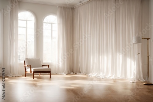White empty room mockup with with sheer curtain, wood floor lamp and wood floor