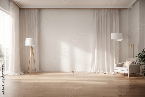 White empty room mockup with with sheer curtain  wood floor lamp and wood floor