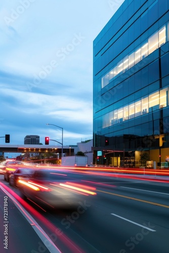 Cars traffic by a modern bu...