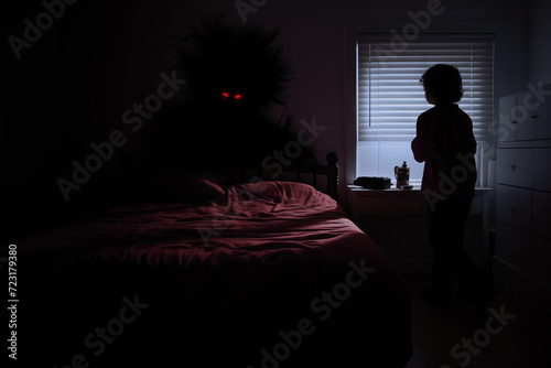 A demon or ghost that lives in the nursery and appears at night. Scary shadows. The child's night fear, sleep disturbance and insomnia due to fear of monsters. photo