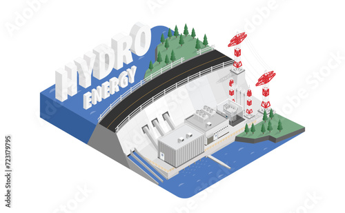 hydro energy, hydro power plant with isometric graphic
