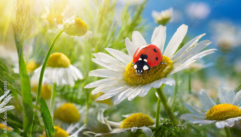 Ladybug on the chamomiles flower, spring wallpaper.