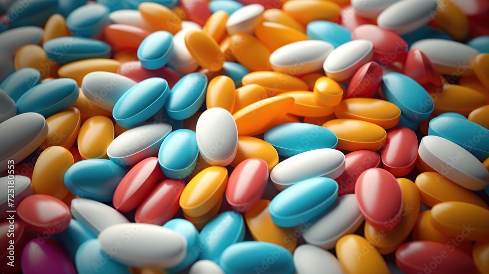 Close-up colorful medical pills and capsules background. Top view and flat. Medicine and healthcare concept