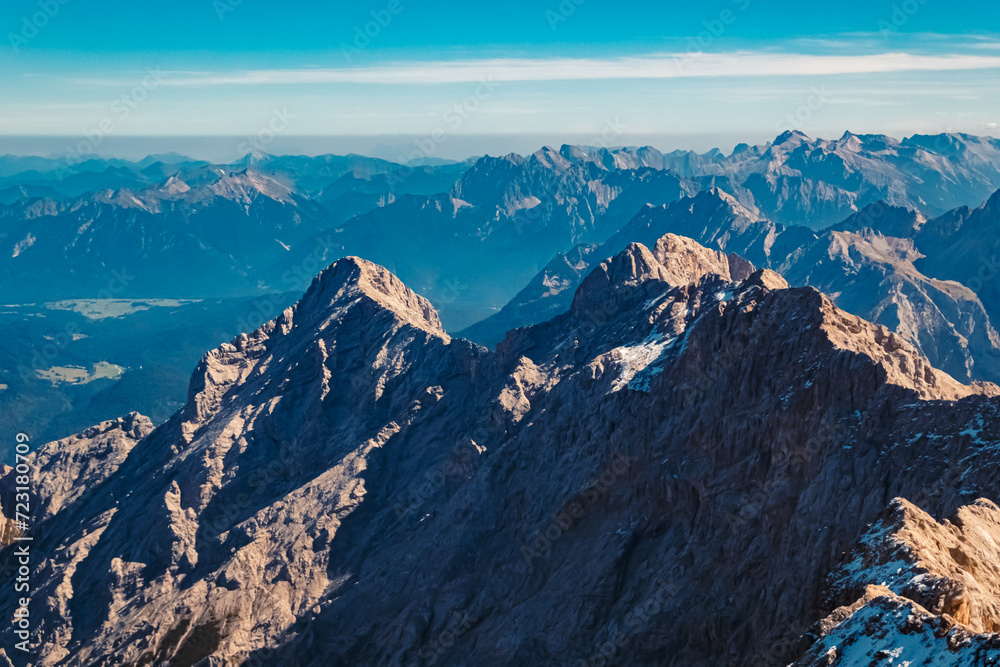 Alpine summer view at Mount Zugspitze, Top of Germany, Garmisch-Partenkirchen, Bavaria, Germany