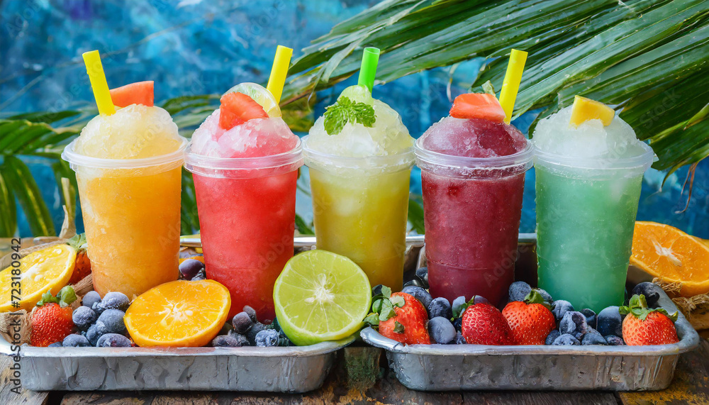 Summer cool slush or smoothie iced fruit juice drinks . Summer cool slush or smoothie iced fruit juice drinks .