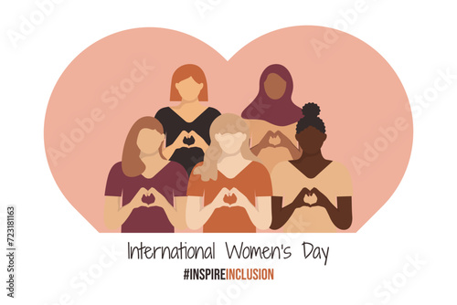 WD InspireInclusion horizontal design with girls shows Heart Shape with their hands. International Women's Day banner 2024. IInspire inclusion social campaign. Varied Women in faceless style.