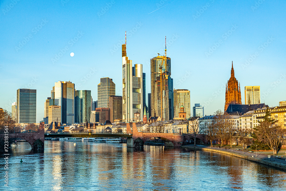 scenic skyline of Frankfurt am Main with reflection in the river, Germany