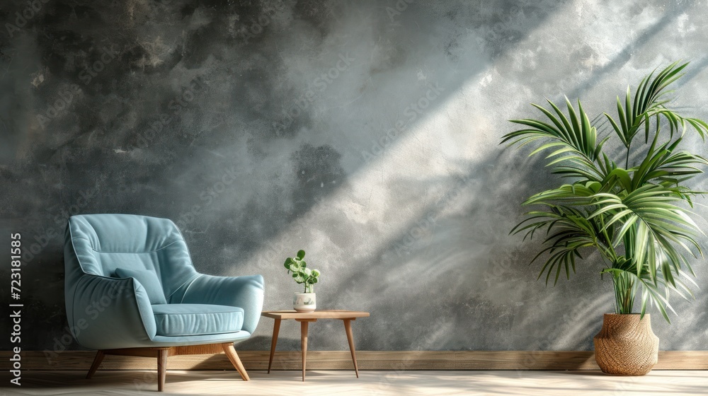 Scandinavian inspired living room featuring a serene light blue armchair and a rustic wooden table for cozy simplicity Scandinavian inspired living room featuring a serene light blue armchair and a rustic wooden table for cozy simplicity