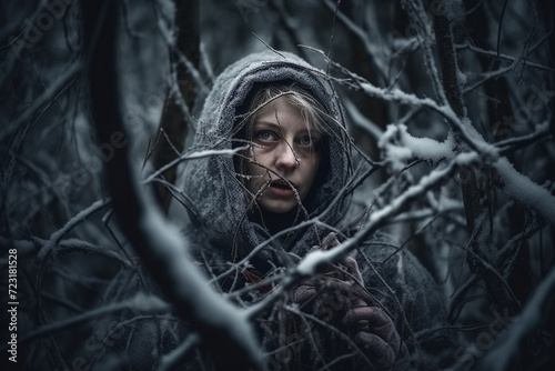 A frightened woman in the winter forest. AI Generated