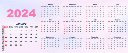 Year 2024 colorful calendar on white background. Vector template. Week starts on Sunday. Desktop planner in simple clean style. English vector calendar layout.