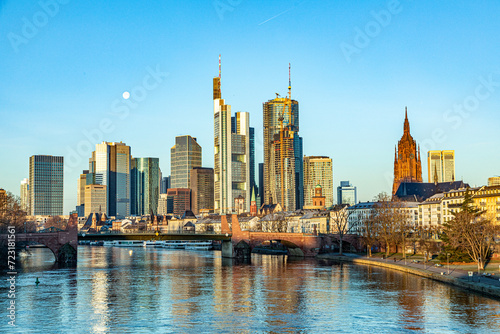 scenic skyline of Frankfurt am Main with reflection in the river  Germany