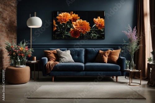  The interior of a modern living room with a dark blue sofa next to a brick wall on which a horizontal poster hangs, in the background you can see a mirror above the cabinet with flowers photo