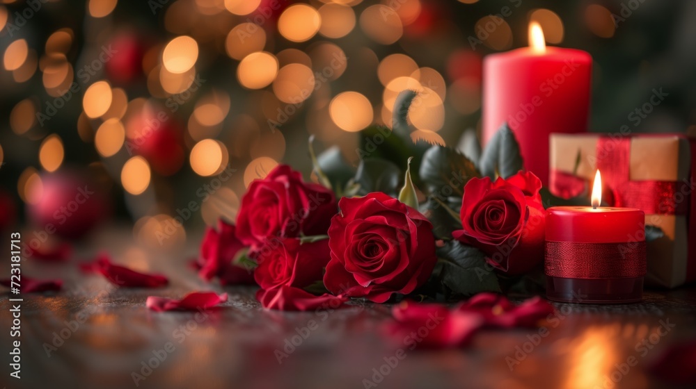candle,roses and gift one the table,valentine's day concept