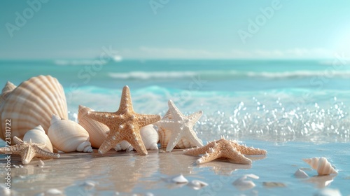 sea shells and starfish on beach, Step into the serenity of a summer beach, where the sea water gently cradles starfish and seashells, creating a picturesque coastal symphony