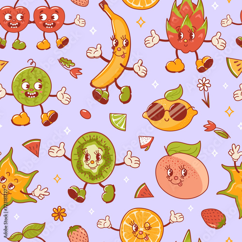 Tropical exotic fruits. Old retro cartoon character. Groovy vintage summer seamless pattern. Fresh lemon, lime, Banana, watermelon, pitahaya dragon, star fruit, papaya, mango and kiwi. Peach Fuzz.