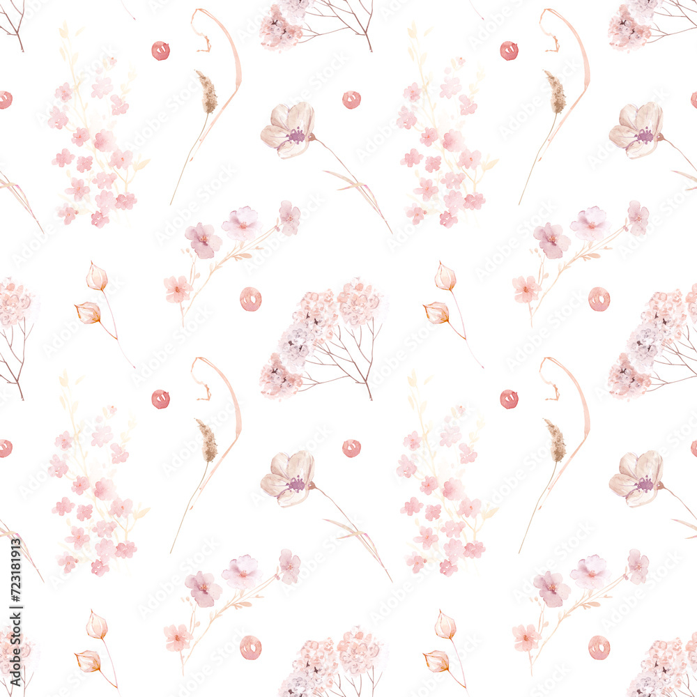 Floral seamless pattern in boho style with Dry flowers and leaves. Pink boho roses and flowers, grass and wild branches. boho background for wedding, textile print, exotic tropical wallpaper texture, Floral seamless pattern in boho style with Dry flowers and leaves. Pink boho roses and flowers, grass and wild branches. boho background for wedding, textile print, exotic tropical wallpaper texture,