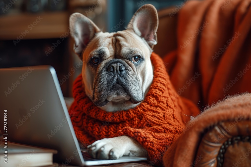 A tech-savvy french bulldog cozily works on his laptop, showing off his stylish brown sweater while lounging on his owner's lap indoors