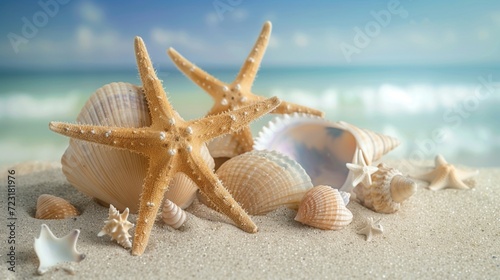 sea shells and starfish, Step into the serenity of a summer beach, where the sea water gently cradles starfish and seashells, creating a picturesque coastal symphony