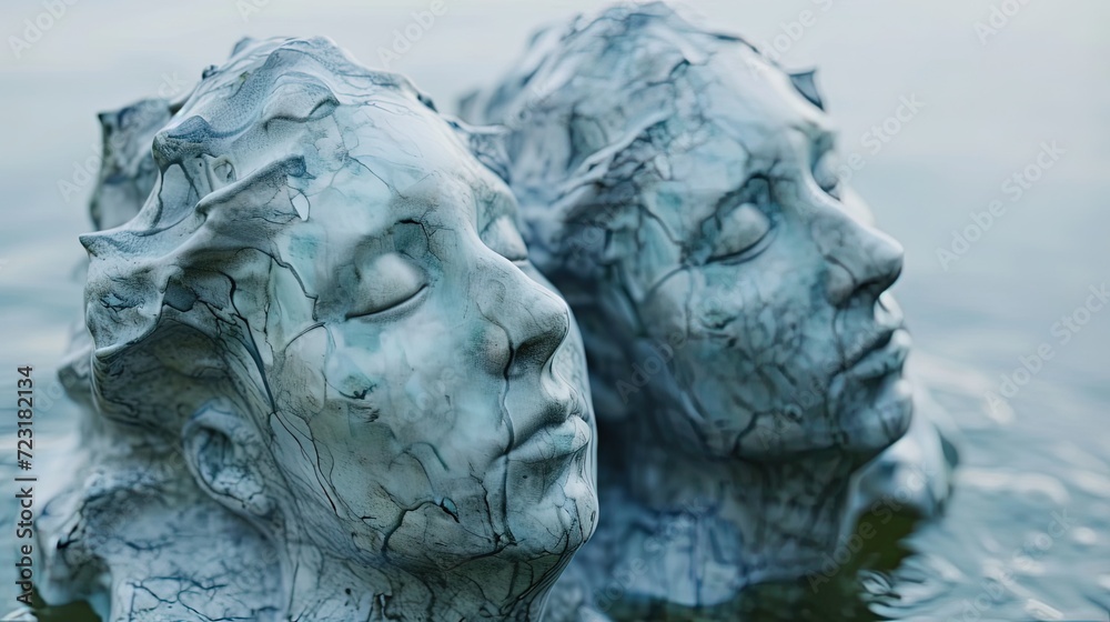 Two faces carved with intricate detail appear to be tranquilly submerged in water, with a serene and contemplative ambiance.