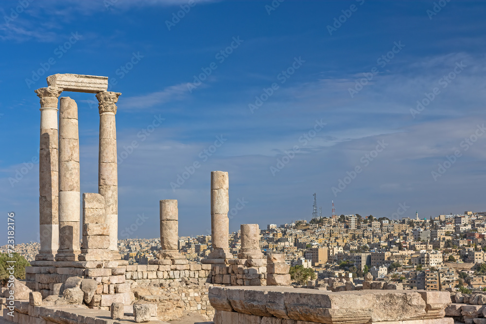 The uncompleted Roman Temple of Hercules at the Amman  Historical downtown of Amman city is in the background.