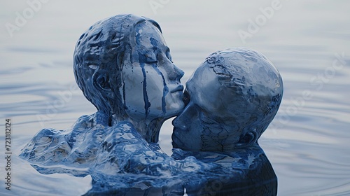 An artistic rendering of a couple captured in a kiss, their liquid forms merging in water, with a serene, monochromatic blue palette.