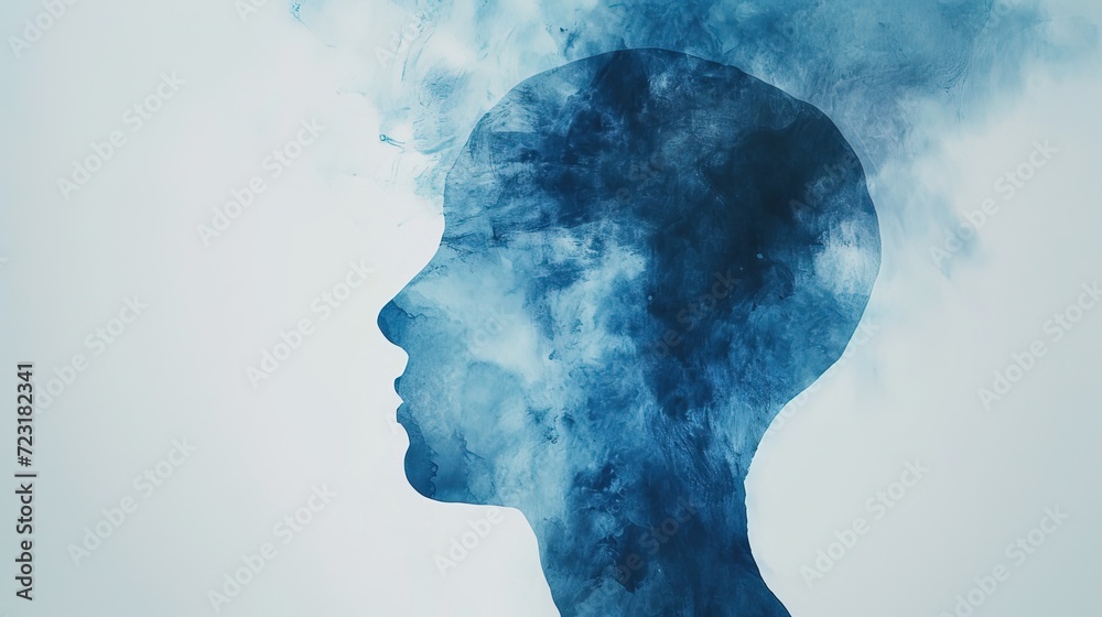 A striking silhouette of a human profile depicted with blue watercolor smoke against a clean white background, evoking a sense of dreaminess and introspection.