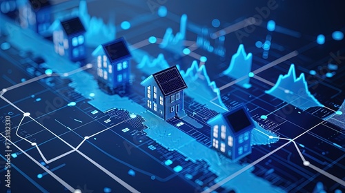 An advanced smart home interface  showcasing glowing houses with dynamic data analytics  represents the integration of technology in residential planning.