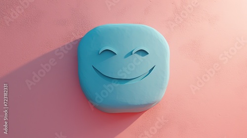 A minimalist blue smiley face sculpture radiates contentment against a warm pink wall, bringing a sense of calm and happiness.