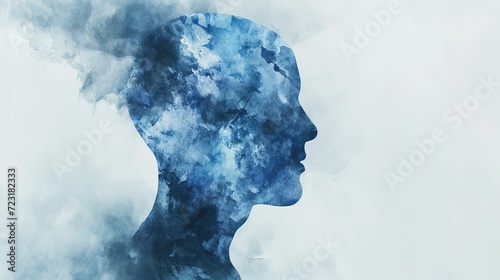 A visually captivating side profile of a human head created with shades of blue watercolor, blending into a white background for a serene and introspective feel.