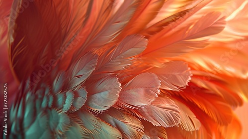 A close-up abstract image capturing the delicate texture of feathers in a warm gradient of orange and red tones, conveying softness and fluidity.