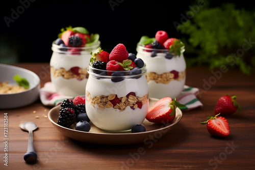 Healthy yogurt parfaits with fresh berries and granola Generative AI image