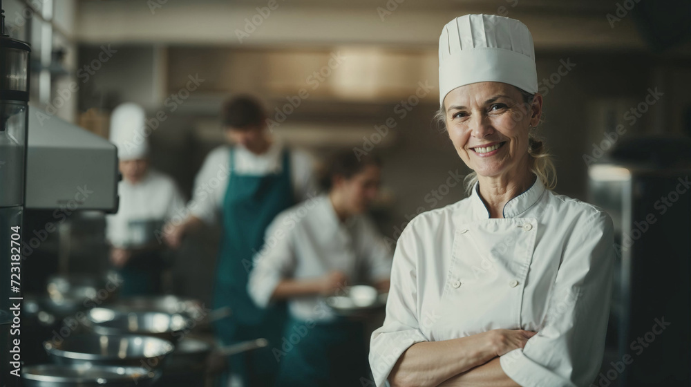 Confident female chef in commercial kitchen setting. Generative AI image
