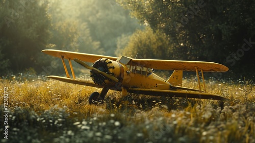The golden rays of sunset cast a warm glow on a classic yellow biplane resting in a serene meadow, evoking the romance of early flight.