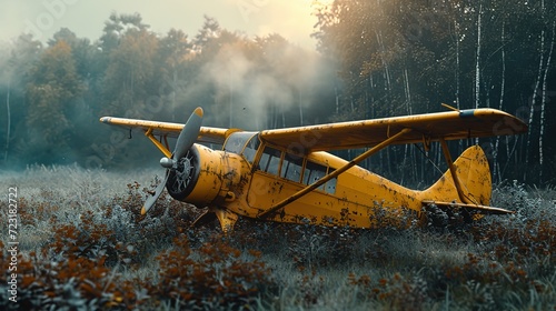 A nostalgic scene featuring a yellow vintage biplane, abandoned in a misty forest clearing, evokes a sense of timeless adventure and forgotten stories.