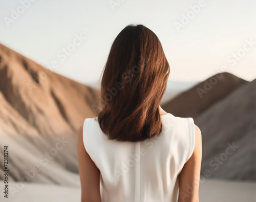 Generative AI image of an unrecognizable back view of brunette woman in a white blazer standing before a vast volcanic landscape