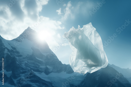 Plastic pollution contrasting pristine snowy mountains. Generative AI image