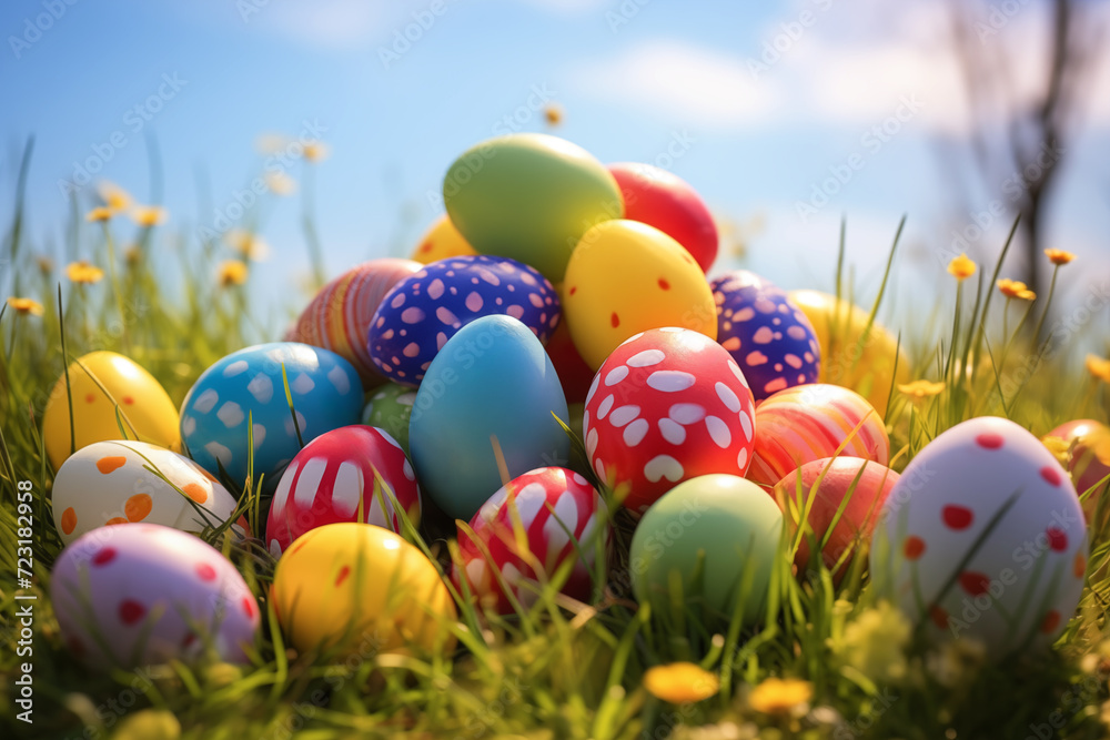 AI Generated Image of closeup of Stack of colorful Easter eggs on a grassy meadow in bright day AI Generated Image of closeup of Stack of colorful Easter eggs on a grassy meadow in bright day