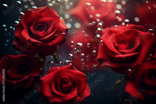 AI Generated Image of closeup of red roses underwater with water bubbles on petals