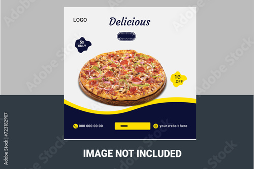 Fast food restaurant business marketing social media banner post template with abstract background, logo and icon. Online sale promotion flyer or web poster for fresh pizza and vegetable burger.