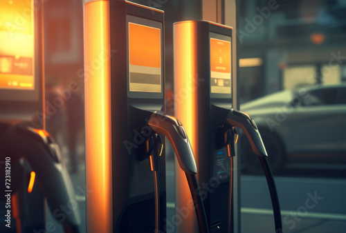 AI generated image of closeup of electric vehicle charging station display interface against blurred car outdoors