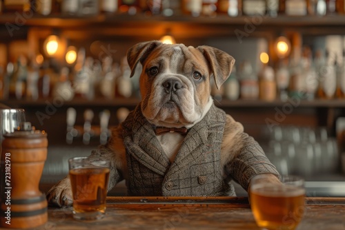 A sophisticated canine enjoys a refreshing drink at a cozy bar, embracing the indoor ambiance while showcasing its refined taste in dog breeds © Larisa AI