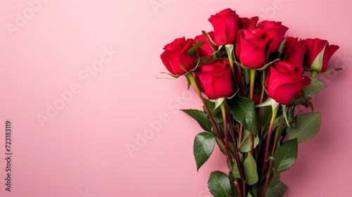 Bouquet of red roses on pure pastel pink background,valentine's day concept